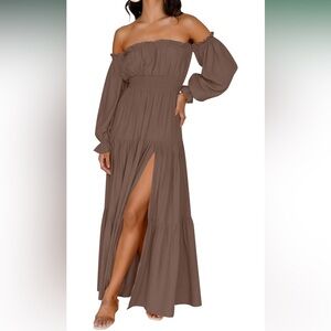 Boho Off Shoulder Long Sleeve Smocked High Waist Side Slit Brown Maxi Dress